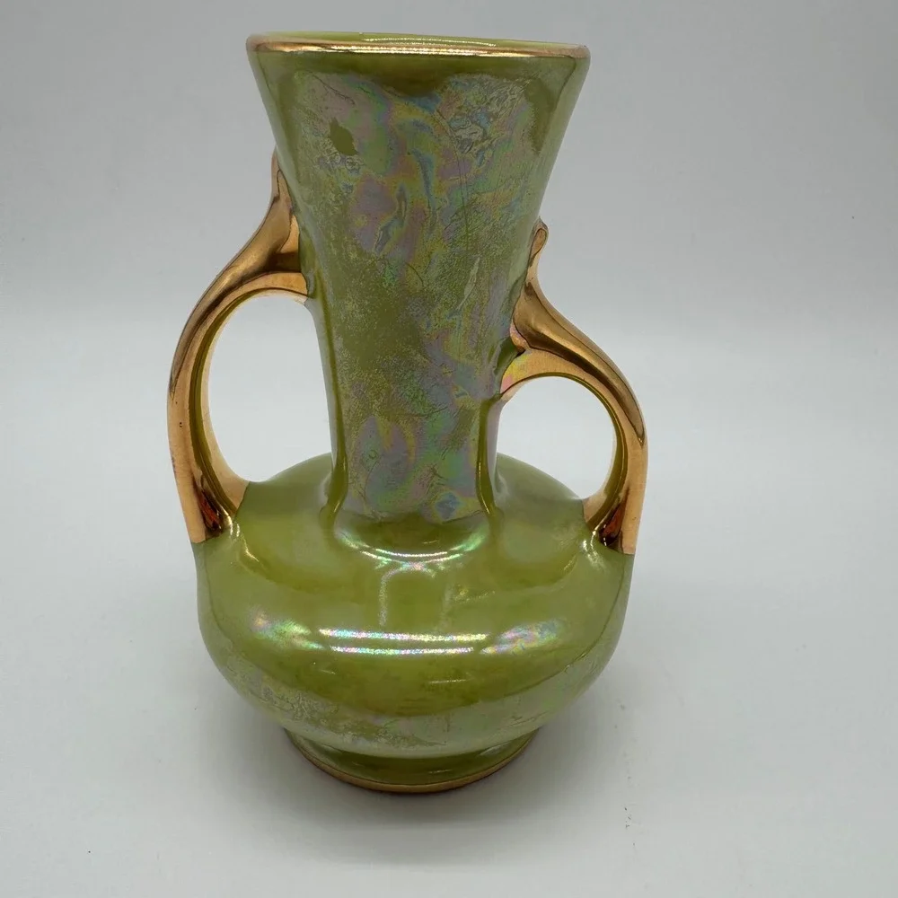 Vintage Pearl China Co Iridescent Green Lustre Vase 22k Gold USA 6x4.5